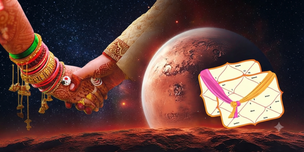 Bride and groom holding hands in front of Mars and two Kundli charts, Manglik Dosha and marriage explained by Devraj Sharma