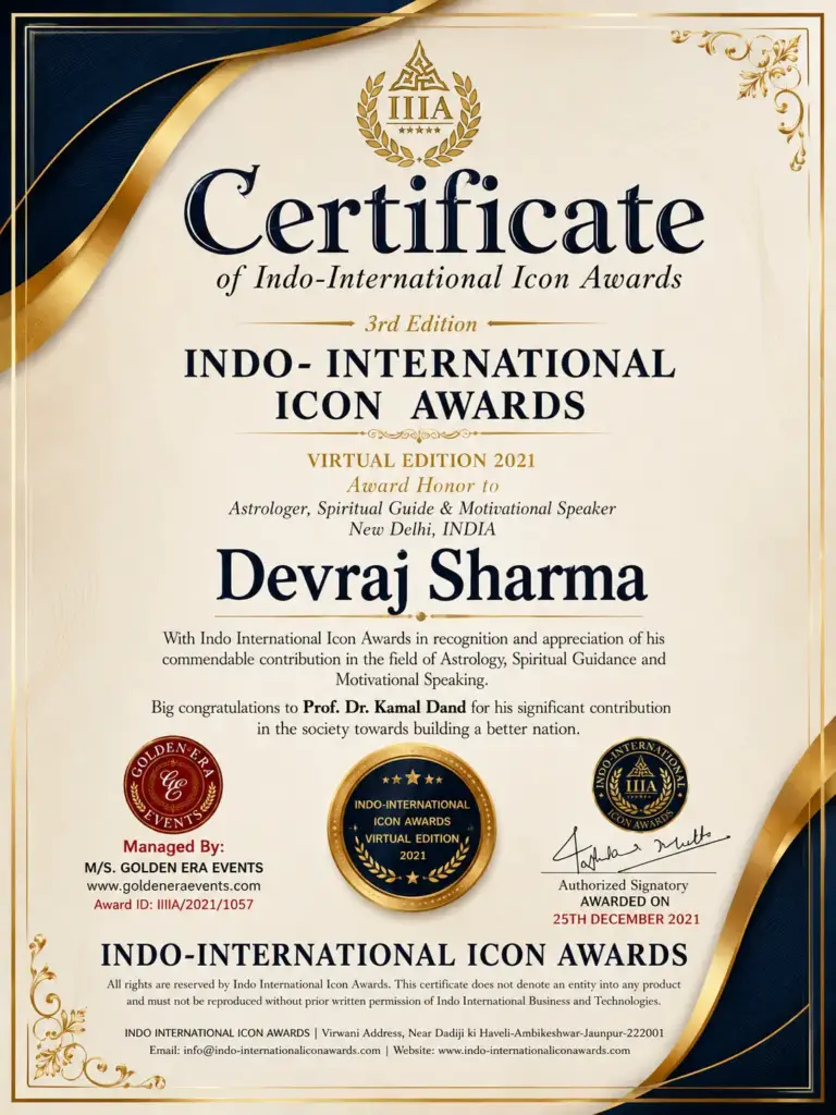 Indo-International Icon Awards 2021 certificate in cream and gold design, awarded to Devraj Sharma