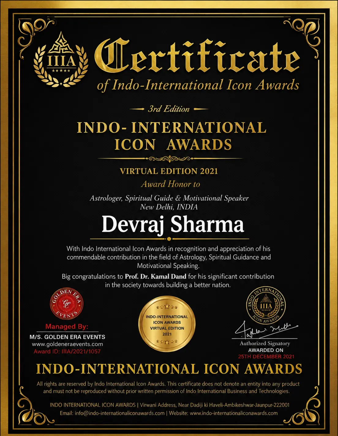Indo-International Icon Awards 2021 certificate awarded to Astrologer Devraj Sharma