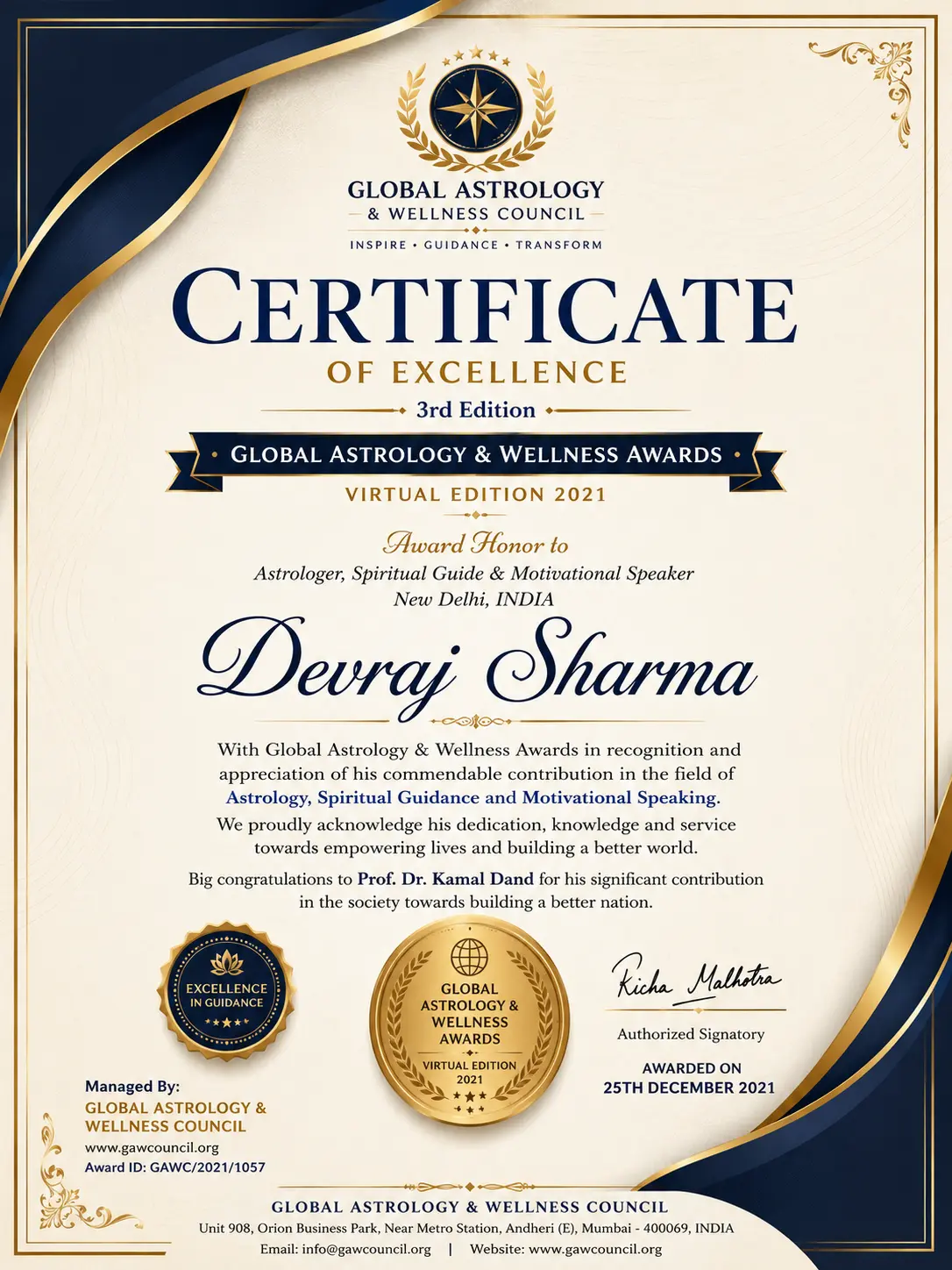 Certificate of Excellence, Global Astrology & Wellness Awards 2021, awarded to Astrologer Devraj Sharma