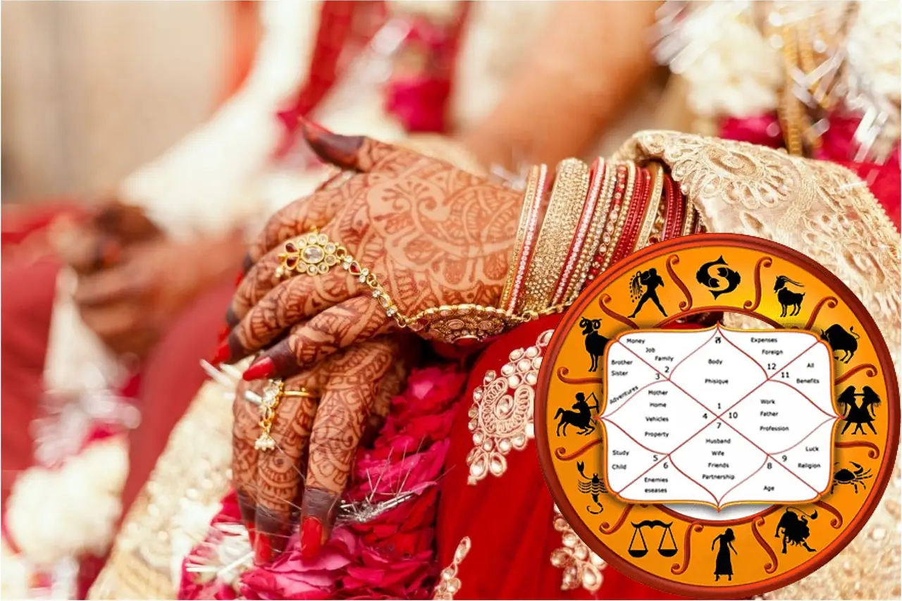 Bride’s mehndi-decorated hands in front of a zodiac kundli chart, representing kundli matching for marriage
