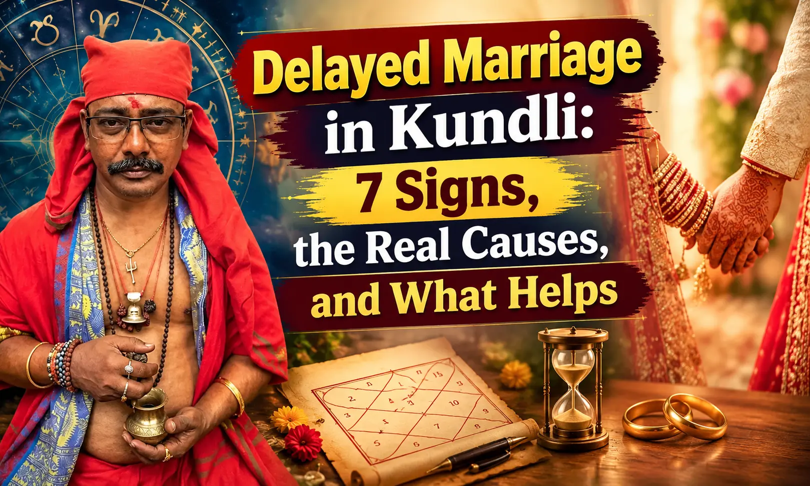 Astrologer Devraj Sharma in a red turban with a kundli scroll, hourglass, wedding rings and a couple’s hands, showing delayed marriage in kundli