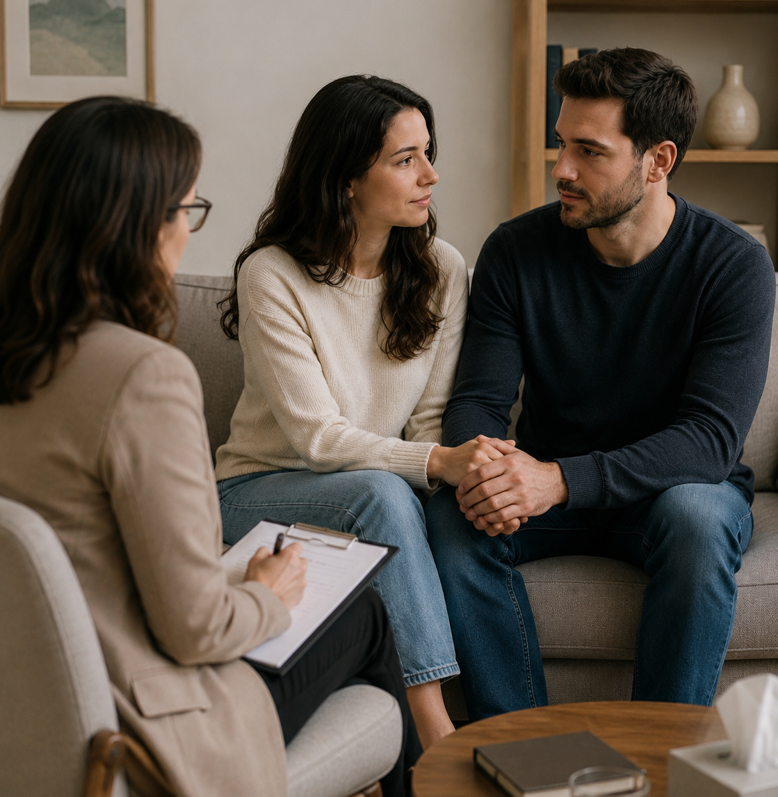 Astrologer giving a marriage problem counseling session to a couple, reading their kundli to guide them