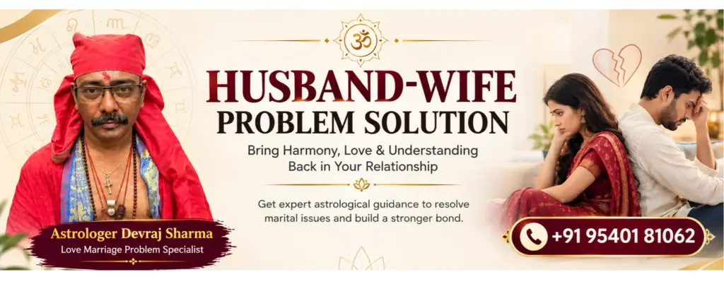 Husband wife problem solution banner, Astrologer Devraj Sharma, love marriage problem specialist