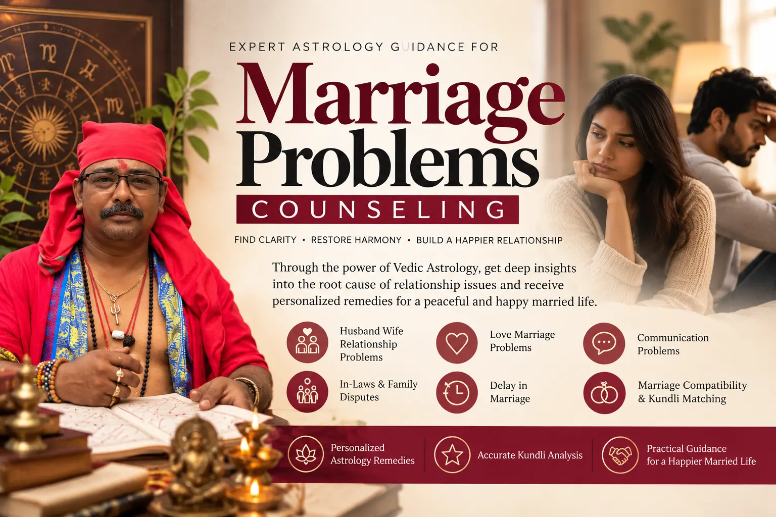 Marriage problems counseling banner showing an astrologer with a kundli book and a worried couple, offering Vedic astrology remedies